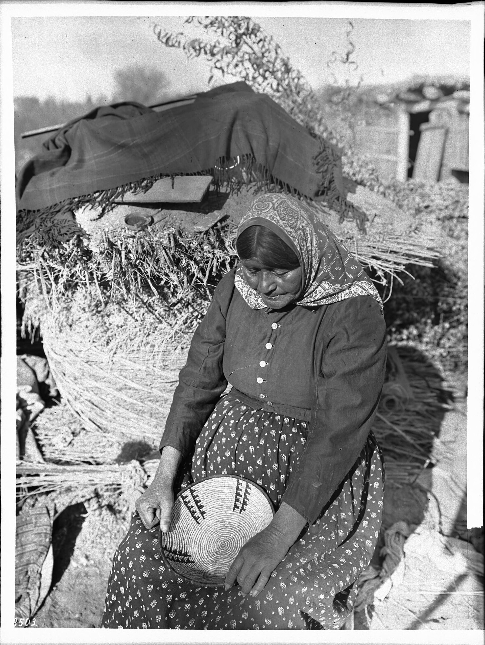 A Chemehuevi woman basket maker with a coiled willow basket on her lap, photographed around 1900.