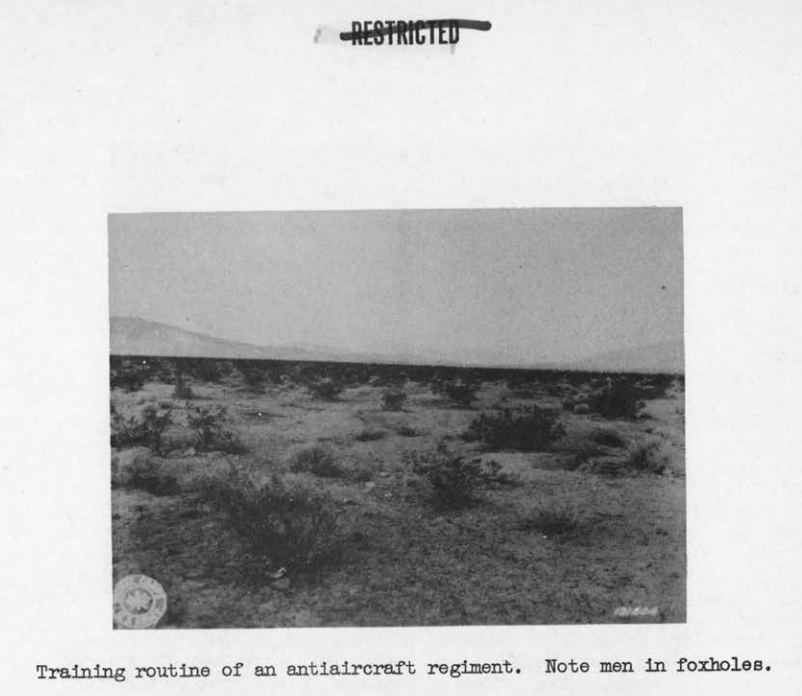 A flat, sparsely vegetated desert plain stretching toward low mountains, where antiaircraft troops are dug into foxholes.