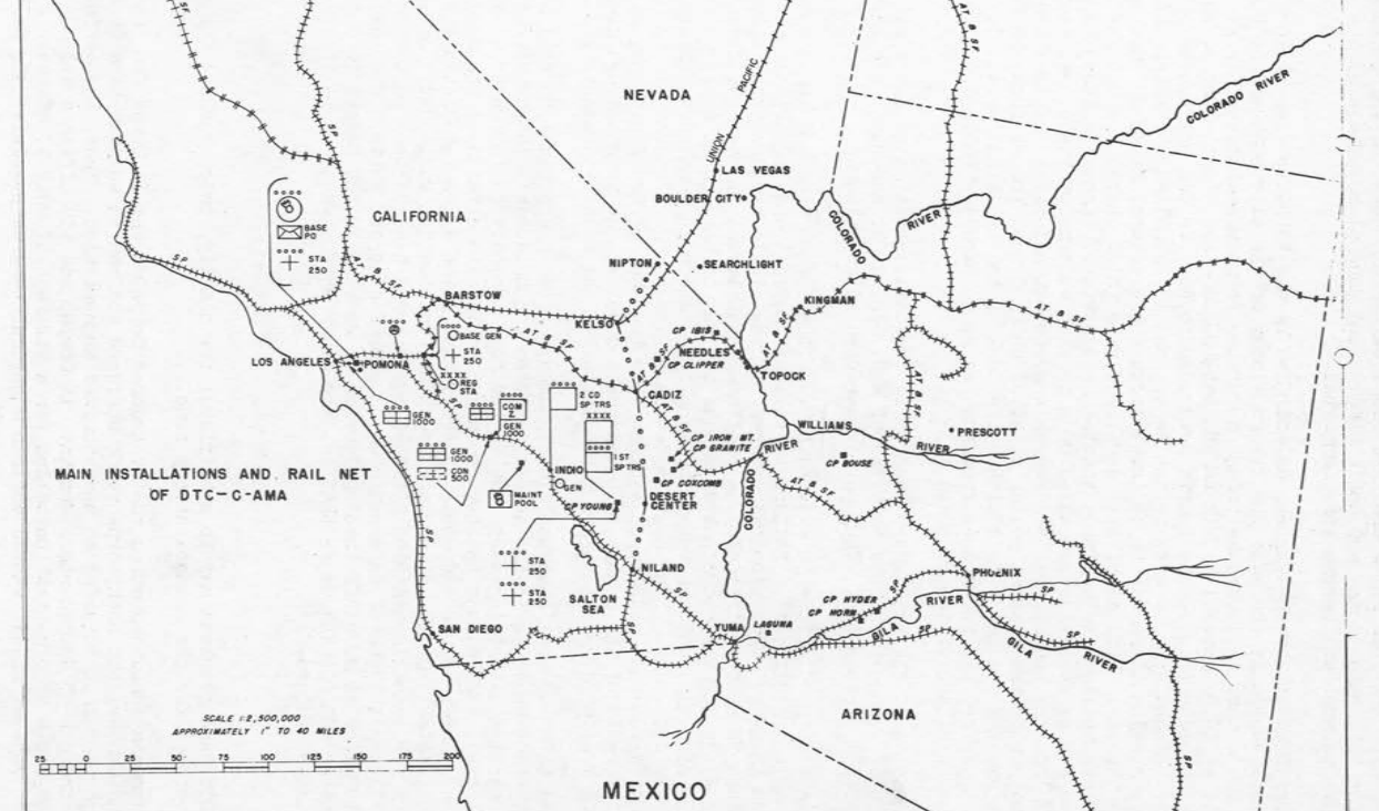 A line map of southeastern California, southern Nevada, and western Arizona showing rail lines, base installations, and desert camps of the Desert Training Center.