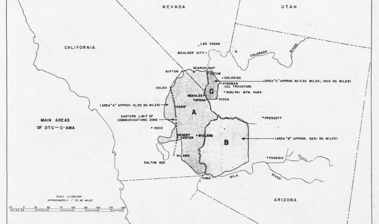 A line map showing the three main maneuver areas of the Desert Training Center, labeled A, B, and C, spanning the California-Arizona-Nevada border region.