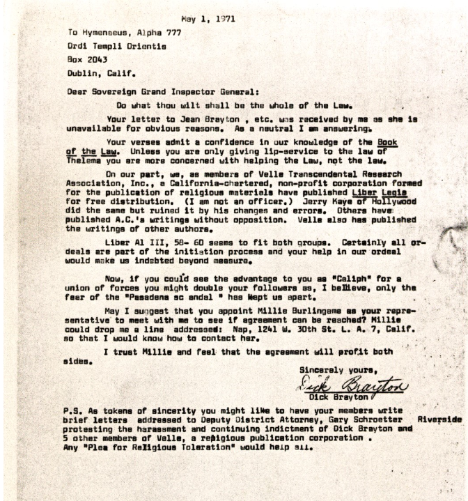 A typed letter dated May 1, 1971, from Dick Brayton to Grady McMurtry, proposing a union of their O.T.O. factions and asking members to protest the prosecution of Velle.