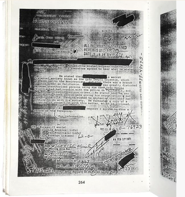 A photostat of a heavily redacted 1971 United States Government FBI memorandum concerning the Ordo Templi Orientis, stamped that all information contained is unclassified.