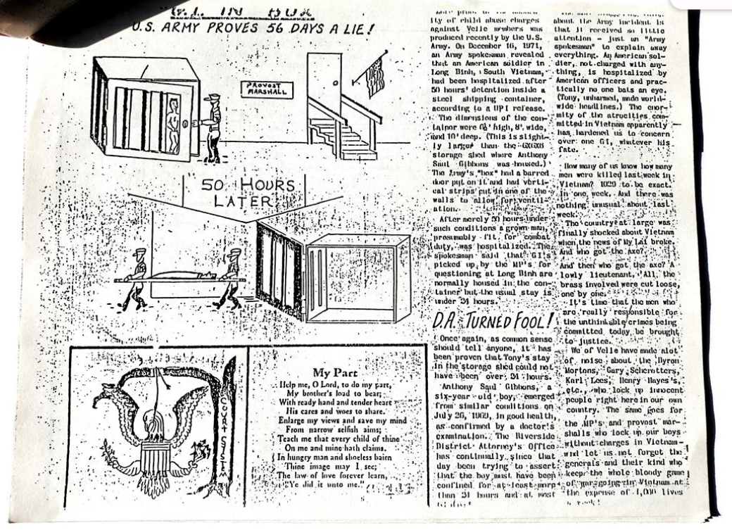 A Midnight Press page headlined 'U.S. Army Proves 56 Days a Lie!' with cartoons of a soldier confined in a steel container and a strip titled 'D.A. Turned Fool!'