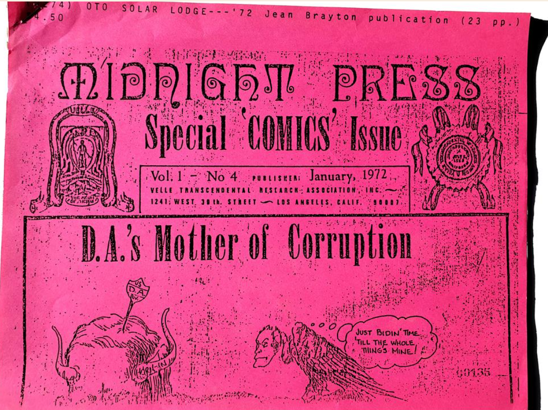 The bright pink cover of the Midnight Press 'Special COMICS Issue,' Vol. 1 No. 4, January 1972, headlined 'D.A.'s Mother of Corruption.'