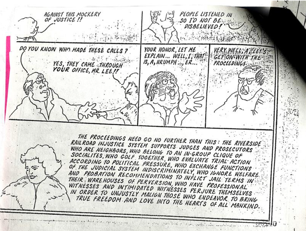 A Midnight Press comic in which a woman accuses a court official, Mr. Lee, of making threatening phone calls, followed by a dense panel denouncing the 'Riverside railroad injustice system.'