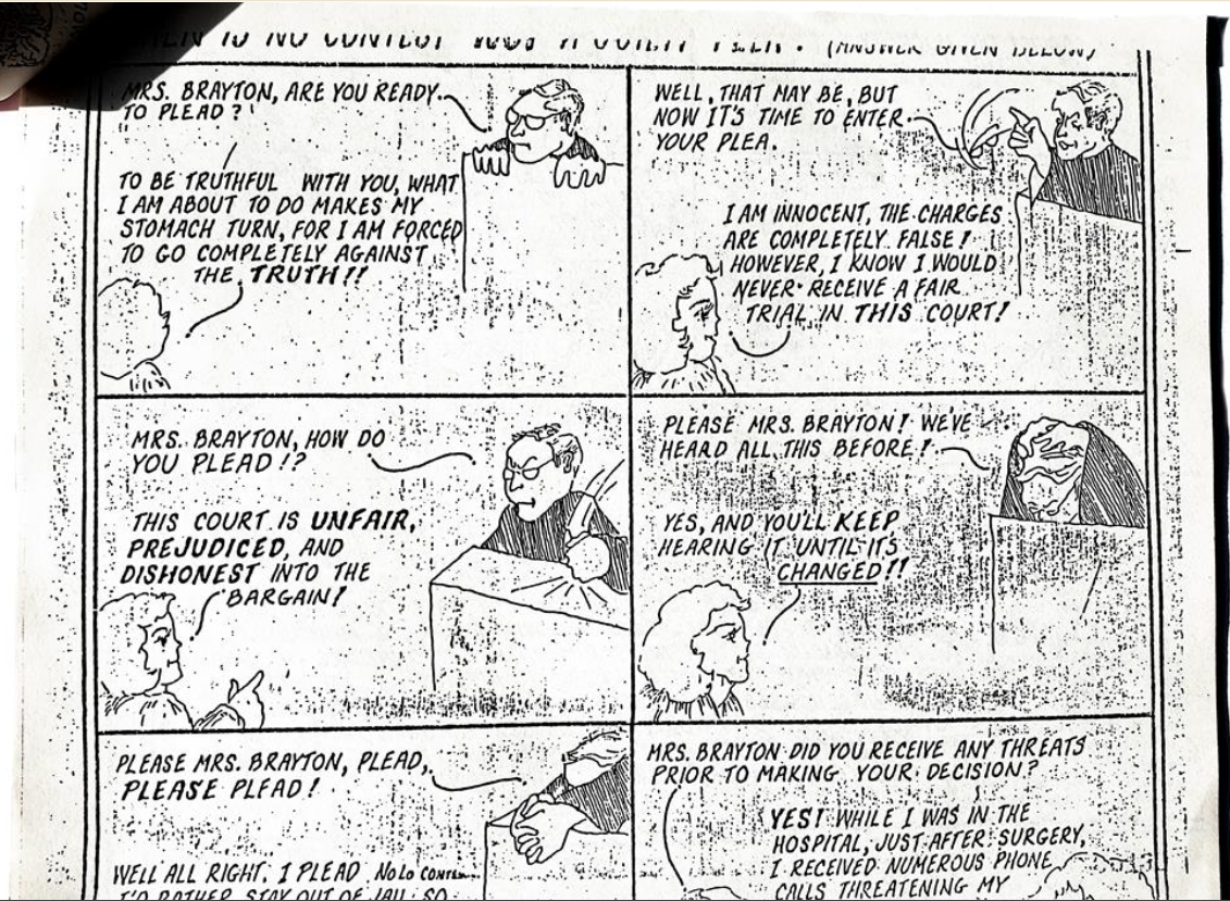 A page of hand-drawn courtroom comics depicting a defiant Mrs. Brayton refusing to enter a plea and denouncing the court as unfair and prejudiced.