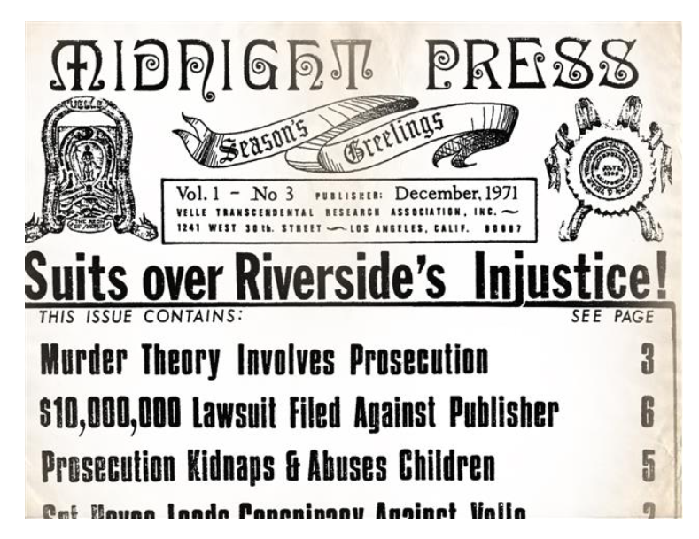 The masthead of the Midnight Press, Vol. 1 No. 3, December 1971, headlined 'Suits over Riverside's Injustice!' with a contents list including a $10,000,000 lawsuit against the publisher.