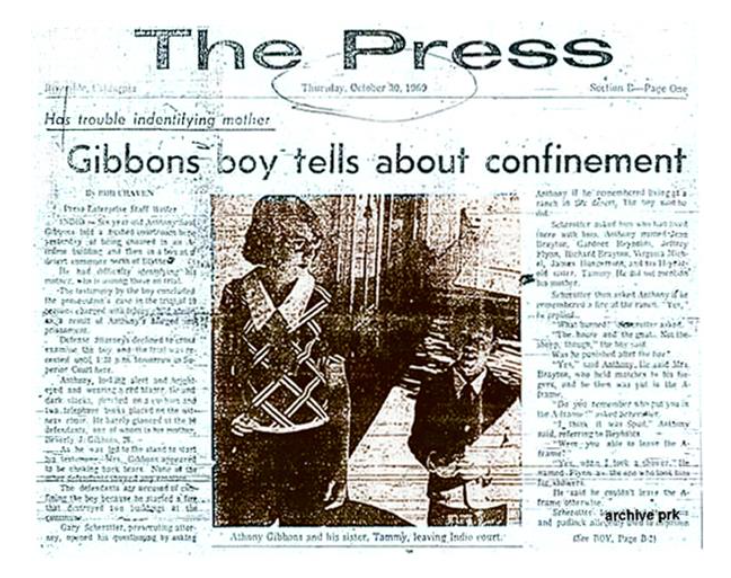 Front page of The Press, October 30, 1969, headlined 'Gibbons boy tells about confinement,' with a photograph of Anthony Gibbons and his sister Tammy leaving the Indio court.