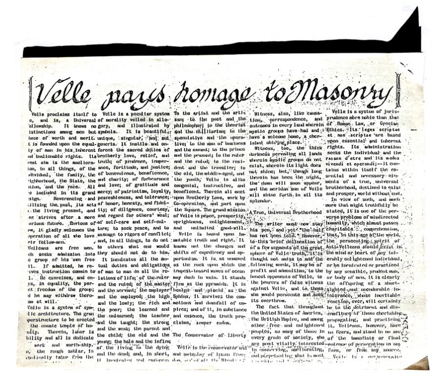 A dense Midnight Press article set in an ornate blackletter headline, 'Velle pays homage to Masonry.'