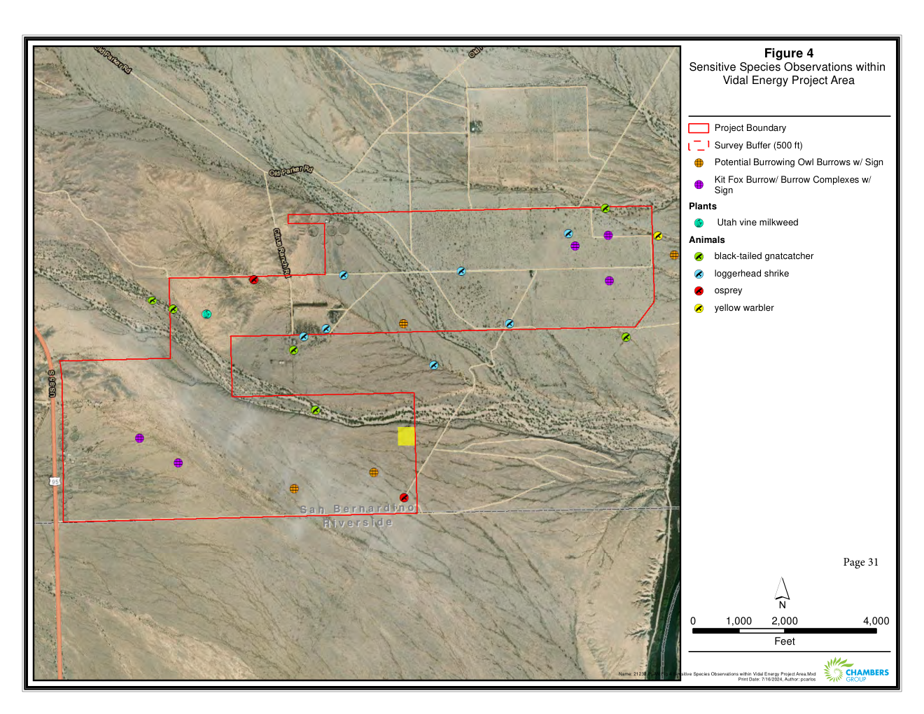 An aerial overview map showing the Vidal Solar Energy Facility project area outlined in blue between US-95, the town of Vidal, and the Colorado River, with three photo-viewpoint locations marked.