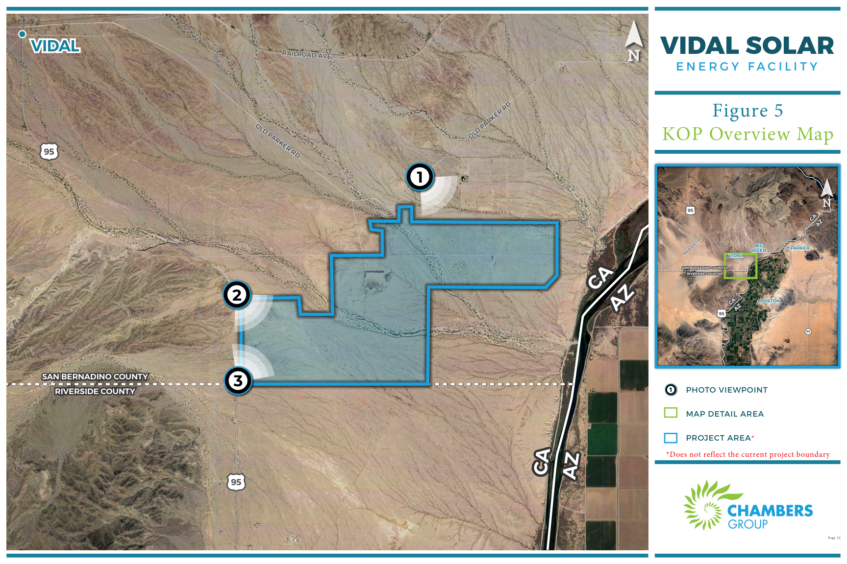 A before-and-after visual simulation from viewpoint 1, looking southeast: the top photo shows open desert with a dirt road, the bottom shows the same view with low solar panels added on the horizon.