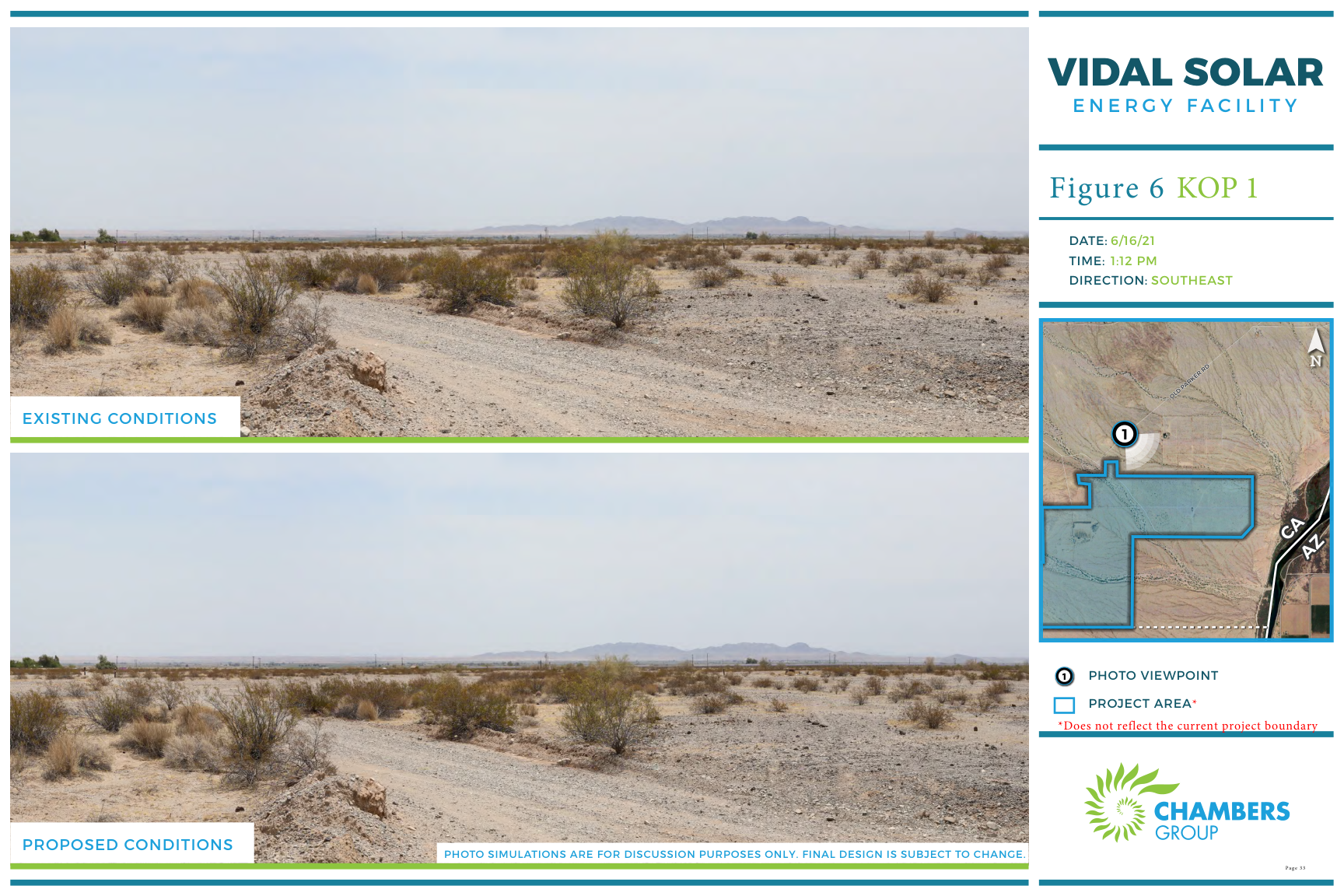 A before-and-after visual simulation from viewpoint 2, looking southeast from US-95: the top photo shows open desert beside the highway, the bottom shows rows of solar panels added across the middle distance.