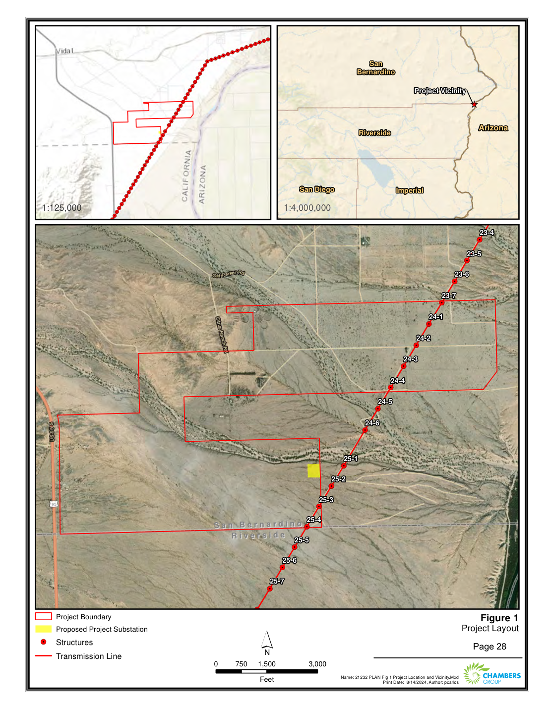 A project layout map of the proposed Vidal Energy Project, showing the project boundary, proposed substation, and generation-tie transmission line on the desert mesa between US-95 and the Colorado River.